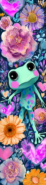 Free kawaii frog bookmark featuring stretching green kawaii frog with flowers